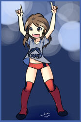 Rule 34 | 1girl, boots, brown eyes, brown hair, collarbone, drantyno, grey background, grey shirt, highres, index fingers together, long hair, navel, open mouth, red footwear, red shorts, red thighhighs, shirt, short shorts, short sleeves, shorts, smile, standing, teeth, thighhighs, wrestler