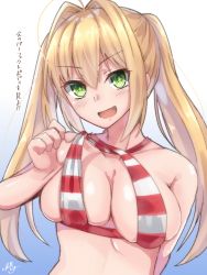 Rule 34 | 1girl, :d, adjusting clothes, adjusting swimsuit, ahoge, bad id, bad pixiv id, bikini, bikini top lift, blonde hair, breasts, cleavage, clothes lift, fate/grand order, fate (series), green eyes, hair intakes, halterneck, highres, large breasts, lifted by self, long hair, looking at viewer, nero claudius (fate), nero claudius (fate) (all), nero claudius (swimsuit caster) (fate), open mouth, ramchi, skindentation, smile, solo, striped bikini, striped clothes, swimsuit, twintails, upper body