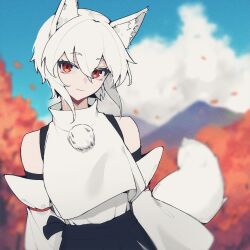Rule 34 | 1641 (chfhrtor94), 1girl, animal ears, autumn, bare shoulders, blue sky, blurry, blurry background, cloud, detached sleeves, highres, inubashiri momiji, looking at viewer, red eyes, short hair, sidelocks, sky, smile, solo, tail, touhou, white hair, wolf ears, wolf girl, wolf tail, youkai mountain