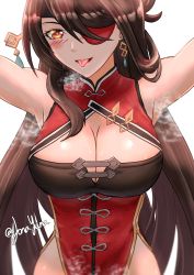 Rule 34 | 1girl, absurdres, armpits, artist name, beidou (genshin impact), blush, breasts, center opening, china dress, chinese clothes, cleavage, cleavage cutout, clothing cutout, dress, drunk, earrings, eyepatch, genshin impact, hair ornament, hair stick, hairpin, heavy breathing, highres, jewelry, jonayuna, large breasts, long hair, looking at viewer, naughty face, one eye covered, open mouth, red dress, red eyes, saliva, shiny skin, simple background, single earring, smile, steam, steaming body, sweat, tassel, tongue, tongue out, very long hair, white background