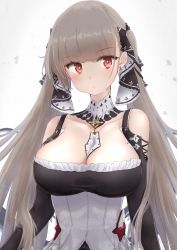 Rule 34 | 1girl, absurdres, azur lane, bare shoulders, between breasts, black dress, blush, breasts, cleavage, commentary request, dress, formidable (azur lane), frilled dress, frills, grey hair, hair ornament, hair ribbon, highres, jewelry, karu (ricardo 2628), large breasts, long hair, looking at viewer, red eyes, ribbon, solo, twintails