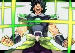 Rule 34 | 1boy, absurdres, armor, black hair, bodysuit, broly (dragon ball super), clenched hands, cowboy shot, dragon ball, dragonball z, earrings, floating hair, fur trim, grey background, hair up, highres, jewelry, long hair, muscular, scar, simple background, solo, spiked hair, super saiyan, teeth, yellow eyes, yoshio (55level)