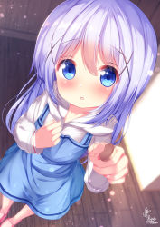 Rule 34 | 1girl, :o, apron, blue apron, blue eyes, blue hair, blurry, blurry background, blush, chinomaron, commentary request, depth of field, dutch angle, feeding, food, from above, gochuumon wa usagi desu ka?, hair between eyes, hands up, highres, holding, holding food, hood, hood down, hoodie, indoors, kafuu chino, long hair, long sleeves, looking at viewer, looking up, parted lips, pink footwear, signature, slippers, solo, standing, very long hair, white hoodie, wooden floor