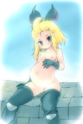 Rule 34 | 1girl, 5pb., blonde hair, blue eyes, blush, bow, bravely default: flying fairy, breasts, edea lee, elbow gloves, gloves, hair bow, hair ornament, hand on own stomach, large bow, navel, nipples, no panties, pregnant, ribbon, sad, short hair, small breasts, solo, thighhighs, topless