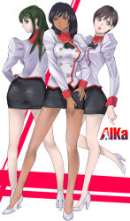 Rule 34 | 1990s (style), 3girls, agent aika, aika (series), ascot, ass, black ascot, black hair, black skirt, breasts, brown hair, buttons, closed mouth, commentary request, copyright name, dark-skinned female, dark skin, delmo, delmo commander, delmogeny uniform, double-breasted, extra, full body, green eyes, green hair, hand on own hip, high heels, highres, jacket, juliet sleeves, legs, lipstick, long hair, long sleeves, makeup, medium breasts, multiple girls, parted lips, pencil skirt, pink lips, profile, puffy sleeves, retro artstyle, shimaguni yamato, short hair, simple background, skirt, standing, taut clothes, uniform, white delmo, white delmo p, white footwear, white jacket