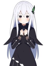 Rule 34 | 1girl, black capelet, black dress, bug, butterfly, butterfly hair ornament, capelet, clenched hands, colored eyelashes, commentary, covered navel, cowboy shot, dress, echidna (re:zero), english commentary, frown, green butterfly, hair between eyes, hair ornament, hands up, highres, insect, long hair, long sleeves, looking at viewer, mikoscrub, purple eyes, re:zero kara hajimeru isekai seikatsu, solo, standing, white hair