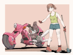 Rule 34 | 1girl, brown eyes, brown hair, gloves, highres, holding, holding lead pipe, holding smoking pipe, industrial pipe, lead pipe, motor vehicle, motorcycle, original, short shorts, shorts, smoking pipe, standing, sukabu, tank top, twintails, vehicle focus