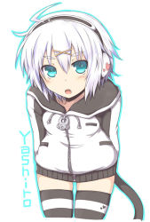 Rule 34 | 1girl, arms behind back, cat tail, character name, green eyes, headphones, lock heart (juuryokudou), looking at viewer, open mouth, original, short hair, silver hair, simple background, solo, striped clothes, striped thighhighs, tail, thighhighs, white background, yashiro (lock heart), yashiro (rock heart)