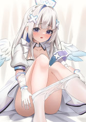 Rule 34 | 1girl, absurdres, amane kanata, amane kanata (nurse), angel wings, bandaged arm, bandages, blue hair, blush, braid, breasts, clothes pull, collarbone, colored inner hair, commentary request, convenient leg, crown braid, gloves, hat, highres, hololive, looking at viewer, multicolored hair, nurse cap, open mouth, pantyhose, pantyhose pull, puffy short sleeves, puffy sleeves, purple eyes, short sleeves, sitting, small breasts, solo, taro. (tataroro 1), two-tone hair, virtual youtuber, white gloves, white pantyhose, wings