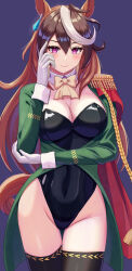 Rule 34 | 1girl, absurdres, adapted costume, animal ears, belt, black choker, black leotard, black pantyhose, blush, bow, bowtie, breasts, brown belt, brown hair, cape, choker, cleavage, closed mouth, commentary request, cowboy shot, earrings, epaulettes, fuji noriho, green jacket, hair between eyes, highres, horse ears, horse girl, horse tail, jacket, jewelry, large breasts, leotard, long hair, long sleeves, multicolored hair, nontraditional playboy bunny, open clothes, open jacket, pantyhose, pendant choker, purple background, red cape, silk, simple background, single earring, single epaulette, smile, solo, spider web, strapless, strapless leotard, streaked hair, symboli rudolf (umamusume), tail, thighband pantyhose, umamusume, very long hair, white hair, wrist cuffs, yellow bow, yellow bowtie