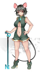 Rule 34 | 1girl, absurdres, alternate breast size, alternate costume, animal ears, aoshima, bare arms, bare legs, bare shoulders, boots, breasts, brooch, full body, grey footwear, grey hair, hand on own hip, high heel boots, high heels, highres, jewelry, large breasts, looking at viewer, mouse ears, navel, nazrin, planted, red eyes, short hair, short shorts, shorts, simple background, sleeveless, smile, solo, standing, stomach, thighs, touhou, white background, zipper