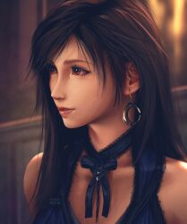 Rule 34 | 1girl, absurdres, artist name, bare shoulders, black hair, blue dress, blurry, blurry background, commentary, crescent, crescent earrings, crescent moon, dress, earrings, english commentary, final fantasy, final fantasy vii, final fantasy vii remake, gold earrings, highres, jewelry, lips, long hair, looking to the side, moon, neck ribbon, official alternate costume, parted lips, realistic, red eyes, ribbon, safaia, single earring, sleeveless, sleeveless dress, solo, swept bangs, tifa lockhart, tifa lockhart (refined dress), upper body