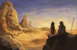Rule 34 | 1girl, breasts, character request, commentary, dark-skinned female, dark skin, desert, english commentary, from behind, gerudo, hat, highres, holding hands, link, long hair, matias habert, mountain, night, night sky, nintendo, painting (medium), ponytail, red hair, shield, shield on back, sideboob, sitting, sky, star (sky), starry sky, the legend of zelda, traditional media, watercolor (medium)