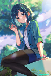 Rule 34 | black pantyhose, blue eyes, blue hair, blue skirt, blue sky, brown pantyhose, bush, cloud, cloudy sky, day, delicious party precure, fuwa kokone, grass, hair ornament, hairclip, highres, jacket, long sleeves, looking at viewer, medium hair, mohemohemincho, outdoors, pantyhose, park, pencil skirt, playground, precure, shirt, sitting, skirt, sky, smartwatch, smile, tree, twitter username, white shirt, wristwatch