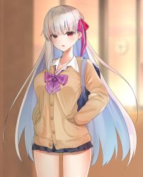 Rule 34 | 1girl, alternate costume, bag, beige sweater, black skirt, blurry, blurry background, blush, bow, bowtie, breasts, collarbone, earrings, fate/grand order, fate (series), hair ribbon, hands in pockets, jewelry, kama (fate), large breasts, long hair, long sleeves, looking at viewer, miniskirt, open mouth, pink ribbon, pleated skirt, purple bow, purple bowtie, red eyes, ribbon, school uniform, shoulder bag, silver hair, skirt, solo, thighs, yamamura umi