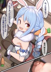 Rule 34 | 1girl, accidental exposure, animal ear fluff, animal ears, armpit crease, black gloves, black leotard, black pantyhose, blue hair, blush, braid, breasts, carrot hair ornament, chair, close-up, commentary request, computer, don-chan (usada pekora), downblouse, food-themed hair ornament, from above, full body, fur-trimmed gloves, fur scarf, fur trim, gloves, hair ornament, highres, hololive, indoors, lemon snail, leotard, long hair, looking at viewer, minecraft, multicolored hair, nipples, no bra, open mouth, orange eyes, paid reward available, pantyhose, puffy nipples, rabbit-shaped pupils, rabbit ears, rabbit girl, rabbit tail, scarf, short eyebrows, sitting, small breasts, smile, solo, strapless, strapless leotard, symbol-shaped pupils, tail, thick eyebrows, translation request, twin braids, twintails, two-tone hair, usada pekora, usada pekora (1st costume), used tissue, virtual youtuber, white hair, white scarf, window