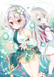 Rule 34 | 2girls, antenna hair, backpack, bag, bare shoulders, blue eyes, blush, breasts, closed mouth, commentary request, detached sleeves, dress, dual persona, flower, green sleeves, grey sailor collar, hair between eyes, hair flower, hair ornament, hands up, kokkoro (princess connect!), kokkoro (real) (princess connect!), long hair, long sleeves, looking at viewer, looking back, mauve, multiple girls, natsume kokkoro (princess connect!), plaid, plaid sailor collar, pointy ears, princess connect!, puffy long sleeves, puffy sleeves, randoseru, red eyes, sailor collar, sailor dress, see-through, see-through sleeves, short dress, silver hair, sleeveless, sleeveless dress, small breasts, smile, very long hair, white dress, white flower