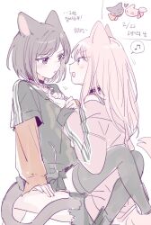 Rule 34 | 1girl, 1other, akiyama mizuki, animal ears, blush, brown eyes, brown hair, cat, cat ears, cat girl, cat tail, choker, collar, commentary, jacket, kaesmedubu, korean text, layered sleeves, long hair, long sleeves, off shoulder, pink hair, project sekai, shinonome ena, short over long sleeves, short sleeves, shorts, sitting, sitting on lap, sitting on person, sketch, skirt, symbol-only commentary, tail, thighhighs, translation request
