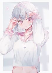 Rule 34 | 1girl, ?, breasts, clenched hands, collarbone, hands up, head tilt, highres, light blush, looking to the side, medium breasts, navel, original, purple eyes, shia job, short hair, silver hair, solo