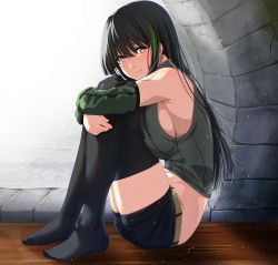 Rule 34 | 1girl, absurdres, alternate costume, bare shoulders, bishi (bishi), black hair, black thighhighs, blush, breasts, brick wall, detached sleeves, girls&#039; frontline, green hair, highres, huge filesize, knees to chest, large breasts, long hair, looking at viewer, looking to the side, m4a1 (girls&#039; frontline), m4a1 (mod3) (girls&#039; frontline), midriff, mod3 (girls&#039; frontline), multicolored hair, no bra, no shoes, ocean, off shoulder, shorts, sitting, smile, solo, streaked hair, thighhighs, vest, wooden floor, yellow eyes, zettai ryouiki
