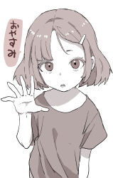 Rule 34 | 1girl, asymmetrical bangs, hair ornament, hairclip, hand up, highres, japanese text, looking at viewer, monochrome, original, parted lips, shirt, short sleeves, simple background, solo, translated, upper body, white background, yamamoto souichirou