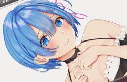 Rule 34 | 1girl, bad id, bad twitter id, bare shoulders, blue eyes, blue hair, blush, breasts, cleavage, close-up, closed mouth, collarbone, detached sleeves, eye contact, frilled sleeves, frills, hair between eyes, hair ornament, hair ribbon, light blush, lips, looking at another, looking at viewer, maid, medium breasts, pink ribbon, portrait, re:zero kara hajimeru isekai seikatsu, rem (re:zero), ribbon, ribbon-trimmed clothes, ribbon trim, short hair, simple background, smile, solo, uiri-na, upper body, white background, x hair ornament
