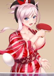 Rule 34 | 1girl, ball, blue eyes, blush, breasts, cleavage, collarbone, earrings, fate/grand order, fate (series), floral print, hair ornament, highres, japanese clothes, jewelry, kimono, large breasts, long hair, long sleeves, looking at viewer, miyamoto musashi (fate), obi, open mouth, paddle, pink hair, ponytail, red kimono, ryouya, sash, solo, striped clothes, striped kimono, swept bangs, table tennis, table tennis ball, table tennis net, table tennis paddle, wide sleeves