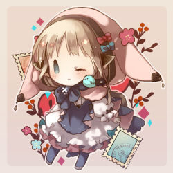Rule 34 | 1girl, ;), animal, animal ears, animal on shoulder, bird, bird on shoulder, blue bow, blue eyes, blue flower, blue pantyhose, blush, bow, brown background, brown capelet, brown footwear, capelet, chibi, closed mouth, commentary request, dress, flower, hood, hood up, hooded capelet, light brown hair, long sleeves, one eye closed, original, pantyhose, puffy long sleeves, puffy sleeves, red bow, red flower, smile, solo, two-tone background, white dress, yuzuyomogi