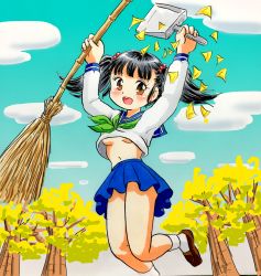 Rule 34 | 1girl, arms up, black hair, blush, breasts, broom, brown eyes, child, cloud, hair bobbles, hair ornament, holding, holding broom, jumping, long hair, looking at viewer, marup, midriff, navel, no bra, open mouth, original, outdoors, school uniform, shoes, skirt, sky, small breasts, smile, socks, solo, tree, twintails, underboob