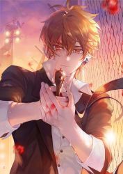 Rule 34 | 1boy, aiming, aiming at viewer, black jacket, blood, blood on face, brown eyes, brown hair, closed mouth, cloud, cloudy sky, collared shirt, earpiece, gun, handgun, highres, holding, holding gun, holding weapon, jacket, laoyepo, long sleeves, looking at viewer, luke pearce (tears of themis), male focus, outdoors, shirt, short hair, sky, solo, sunset, tears of themis, weapon, white shirt