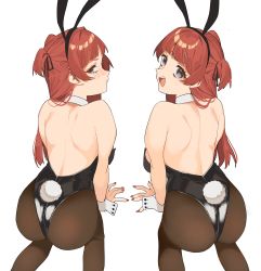 Rule 34 | 2girls, 2l (2lsize), :d, absurdres, all fours, animal ears, ass, back, backless leotard, bare shoulders, barefoot, black eyes, black legwear, blunt bangs, blush, breasts, brown hair, brown nails, fake animal ears, highres, large breasts, leotard, long hair, looking at viewer, multiple girls, open mouth, original, pantyhose, playboy bunny, rabbit ears, rabbit tail, siblings, sideboob, simple background, sisters, smile, tail, teeth, two side up, white background, wrist cuffs