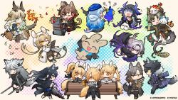 Rule 34 | 5boys, 6+girls, :d, absurdres, amiya (arknights), animal ears, arknights, bad food, bench, beret, black footwear, black gloves, black hair, black pants, blemishine (arknights), blonde hair, blue eyes, blue hair, blue headwear, brown hair, cat ears, cat tail, character doll, chong yue (arknights), clipboard, covering own mouth, dog-san, dorothy (arknights), dragon bubble (arknights), dragon horns, dragon tail, dress, dusk (arknights), earrings, flame-tipped tail, flaming sword, flaming weapon, flower, fork, gloves, green eyes, grey eyes, grey hair, hair ornament, hairpin, hand on own head, hat, headset, highmore (arknights), highres, hood, hooded jacket, horns, horse ears, horse tail, implied extra ears, jacket, jewelry, lappland (arknights), lin (arknights), ling (arknights), mizuki (arknights), mlynar (arknights), mouse ears, mouse tail, multicolored clothes, multicolored hair, multicolored jacket, multiple boys, multiple girls, nearl (arknights), newspaper, nian (arknights), official art, official wallpaper, on bench, one eye closed, open mouth, orange eyes, pants, patterned, penance (arknights), pink eyes, plate, purple ribbon, red ribbon, reed (arknights), reed the flame shadow (arknights), ribbon, sitting, smile, smoke, stainless (arknights), standing, standing on one leg, stop (gesture), sword, tail, texas (arknights), texas the omertosa (arknights), vigil (arknights), weapon, white dress, white footwear, white hair, wolf ears, wolf tail, yellow eyes
