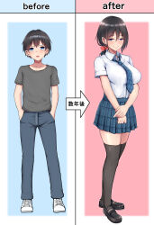 Rule 34 | 1girl, absurdres, arrow (symbol), baretto (karasi07), before and after, black hair, black thighhighs, blue eyes, blue necktie, bra visible through clothes, breasts, commentary, commission, gender transitioning, hair ribbon, highres, holding own arm, large breasts, looking at viewer, miniskirt, necktie, original, ribbon, school uniform, skeb commission, skirt, smile, thighhighs, transgender, translated, zettai ryouiki