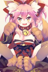 Rule 34 | &gt;:d, 1girl, :d, animal ears, animal hands, bell, blush, breasts, brown thighhighs, cleavage, collar, ech, fang, fate/grand order, fate (series), fox ears, fox girl, fox tail, hair between eyes, indian style, japanese clothes, jingle bell, kimono, kimono skirt, large breasts, long hair, looking at viewer, neck bell, obi, open mouth, paw pose, pink hair, red kimono, sash, sitting, smile, solo, tail, tamamo (fate), tamamo cat (fate), tamamo cat (first ascension) (fate), tamamo no mae (fate/extra), thighhighs, v-shaped eyebrows, wide sleeves, yellow eyes