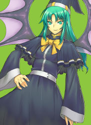 Rule 34 | 1girl, bat wings, breasts, capelet, female focus, green eyes, green hair, hand on own hip, hat, hip focus, jonylaser, long hair, matching hair/eyes, mima (touhou), mystic square, shirt, smile, solo, taut clothes, taut shirt, touhou, touhou (pc-98), wings, wizard hat