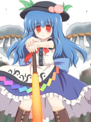Rule 34 | 1girl, apron, black hat, blouse, blue bow, blue dress, blue hair, bow, bowtie, brown footwear, buttons, cross-laced footwear, dress, energy, female focus, floating, food, frills, fruit, hat, hinanawi tenshi, keystone, leaf, long hair, peach, puffy short sleeves, puffy sleeves, rainbow order, red bow, red eyes, rock, rope, ry (yagoyago), shide, shimenawa, shirt, shoes, short sleeves, solo, sword, sword of hisou, tassel, touhou, weapon, white shirt, wing collar
