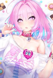 Rule 34 | 1girl, ahoge, bangle, bare shoulders, blue hair, blush, bracelet, breasts, brws, candy, chewing gum, cleavage, collar, collarbone, cookie, earrings, eyelashes, fang, food, gumball, hair between eyes, hair intakes, hands up, heart, heart-shaped lock, heart-shaped pupils, heart on chest, highres, idolmaster, idolmaster cinderella girls, jewelry, large breasts, looking at viewer, lying, medium hair, multicolored hair, nail polish, off-shoulder shirt, off shoulder, on back, open mouth, pill, pill earrings, pink collar, pink eyes, pink hair, pink nails, pink wristband, ring, shirt, short sleeves, skeleton print, solo, symbol-shaped pupils, t-shirt, two-tone hair, white shirt, yumemi riamu