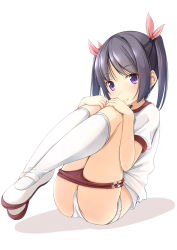 Rule 34 | 1girl, :3, ass, black hair, buruma, buruma pull, clothes pull, commentary request, gym shirt, gym uniform, hair ribbon, hands on own knees, highres, kneehighs, legs up, looking at viewer, original, panties, purple eyes, red buruma, ribbon, shibacha (shibacha 0728), shirt, shoes, short sleeves, short twintails, simple background, sitting, socks, solo, twintails, underwear, uwabaki, white background, white footwear, white panties, white shirt, white socks