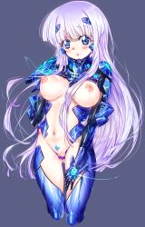 Rule 34 | 1girl, blue eyes, blush, bodysuit, breasts, cleft of venus, female focus, fortified suit, groin, hair ornament, highres, inia sestina, large breasts, light purple hair, lips, long hair, looking at viewer, muv-luv, muv-luv alternative, muv-luv total eclipse, navel, niko (tama), nipples, partially visible vulva, pilot suit, pussy, pussy peek, skin tight, solo, uncensored