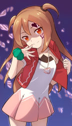Rule 34 | 1girl, bad id, bad pixiv id, blue background, blush, brown hair, closed mouth, cowboy shot, cropped jacket, dress, facial tattoo, gradient background, hair between eyes, hand up, hands up, heart, heart necklace, heart tattoo, highres, jacket, jewelry, kagami tina, long hair, looking at viewer, mushiking, necklace, open clothes, open jacket, orange eyes, pink dress, red jacket, scrunchie, sidelocks, smile, solo, tattoo, tsukiman, two side up, white dress, wrist scrunchie