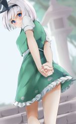 Rule 34 | 1girl, 258n, absurdres, arms behind back, blue eyes, blue sky, blurry, blurry background, blush, breasts, commentary, day, expressionless, feet out of frame, fingernails, from behind, from below, green skirt, green vest, hair ribbon, highres, konpaku youmu, looking at viewer, looking back, looking down, outdoors, own hands together, puffy short sleeves, puffy sleeves, ribbon, shirt, short hair, short sleeves, silver hair, skirt, sky, small breasts, solo, stairs, stone lantern, stone stairs, touhou, tree, vest, white shirt