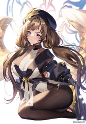 Rule 34 | angel, angel wings, beret, black choker, black gloves, blue eyes, blush, bow, breasts, brown hair, brown pantyhose, choker, gloves, granblue fantasy, hat, heattech leotard, heel-less legwear, highres, holding, holding clothes, large breasts, leotard, long hair, multiple wings, no shoes, pantyhose, raziel (granblue fantasy), seiza, seraph, showgirl skirt, sitting, twintails, very long hair, white leotard, wings, yuntae