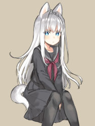 Rule 34 | 1girl, animal ears, between legs, black pantyhose, black serafuku, black shirt, black skirt, blue eyes, blush, brown background, closed mouth, commentary request, dog ears, dog girl, dog tail, hair between eyes, hair intakes, hand between legs, long hair, long sleeves, looking at viewer, midorikawa you, neckerchief, original, pantyhose, pleated skirt, red neckerchief, school uniform, serafuku, shirt, silver hair, simple background, sitting, skirt, solo, tail, tsurime, v-shaped eyebrows, v arms, very long hair