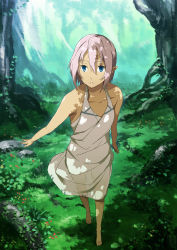 Rule 34 | 1girl, barefoot, blue eyes, day, dress, elf, forest, grass, houru, nature, original, parted lips, pink hair, pointy ears, see-through silhouette, solo, sundress, tree, white dress