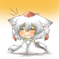 Rule 34 | 1girl, = =, all fours, animal ears, bad id, bad pixiv id, blush, chibi, detached sleeves, drooling, female focus, full body, gradient background, hat, inubashiri momiji, long sleeves, open mouth, rebecca (keinelove), shirt, short hair, silver hair, skirt, solo, sweat, tail, touhou, wavy mouth, white background, wolf ears, wolf tail