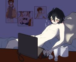 Rule 34 | 1boy, black hair, completely nude, computer, degrees of lewdity, green eyes, highres, kylar (degrees of lewdity), laptop, male focus, male masturbation, masturbation, nude, on bed, sitting, tissue, you niao