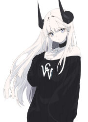 Rule 34 | 1girl, absurdres, black choker, black sweater, breasts, cake walker, choker, cleavage, commentary, grey eyes, hand up, highres, horns, long hair, long sleeves, looking at viewer, medium breasts, off-shoulder sweater, off shoulder, original, pale skin, parted lips, pointy ears, puffy long sleeves, puffy sleeves, ribbed sweater, simple background, sleeves past wrists, solo, sweater, symbol-only commentary, upper body, very long hair, white background, white hair