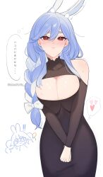Rule 34 | 2girls, absurdres, alternate costume, amefurin, animal ear fluff, animal ears, black dress, blue hair, blush, bow, braid, braided ponytail, breasts, cleavage, cleavage cutout, clothing cutout, dress, hair bow, highres, hololive, long hair, looking at viewer, mature female, mother and daughter, multiple girls, pekomama, rabbit ears, rabbit girl, red eyes, short eyebrows, usada pekora, virtual youtuber, white background, white bow, white hair