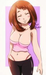 Rule 34 | 1girl, arm at side, armpits, artist name, bare shoulders, blush stickers, boku no hero academia, border, breasts, brown eyes, brown hair, cleavage, closed eyes, closed mouth, collarbone, eyelashes, female focus, fingernails, hand on own hip, happy, highres, legs together, medium breasts, medium hair, midriff, navel, neck, no bra, panties, pants, pink background, pink shirt, red panties, shiny clothes, shiny skin, shirt, sidelocks, simple background, smile, standing, strapless, strapless shirt, theafroboy, thong, tight clothes, tight pants, underwear, uraraka ochako, white border, yoga pants