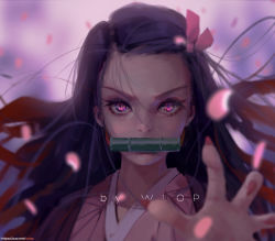 Rule 34 | 1girl, artist name, bow, commentary request, fingernails, foreshortening, hair bow, highres, japanese clothes, kamado nezuko, kimetsu no yaiba, kimono, long hair, looking at viewer, multicolored eyes, outstretched hand, petals, pink eyes, pink kimono, portrait, purple eyes, purple hair, sharp fingernails, simple background, solo, wlop